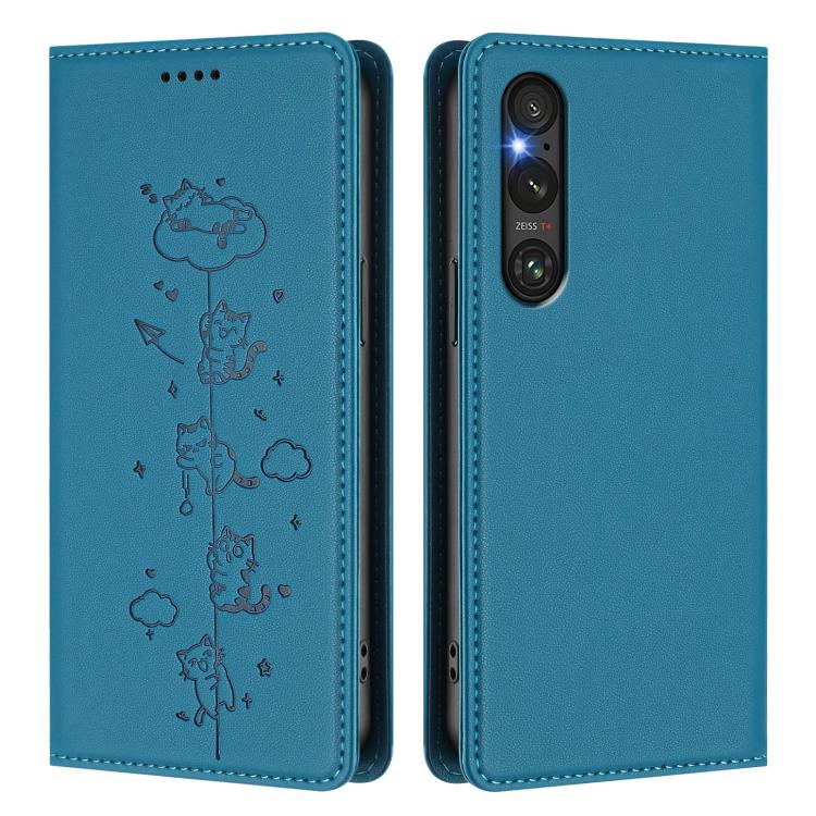 For Sony Xperia 1 V Cute Cats Embossed Magnetic RFID Vegan Leather Phone Case