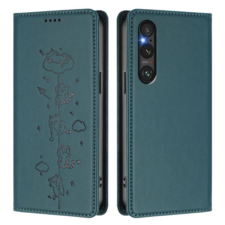 For Sony Xperia 1 V Cute Cats Embossed Magnetic RFID Vegan Leather Phone Case