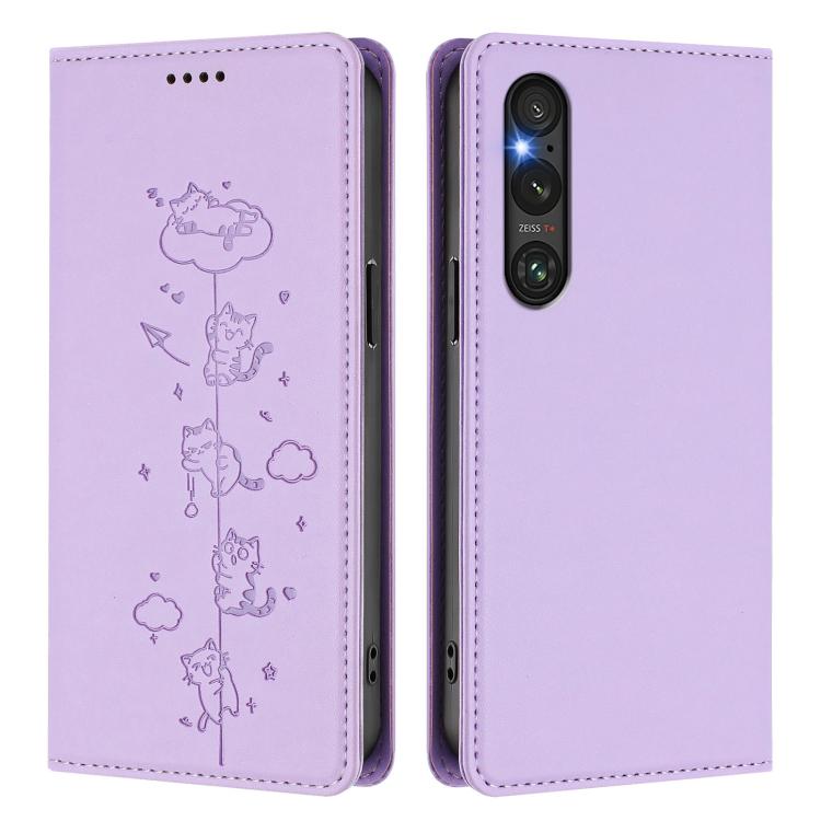 For Sony Xperia 1 V Cute Cats Embossed Magnetic RFID Vegan Leather Phone Case