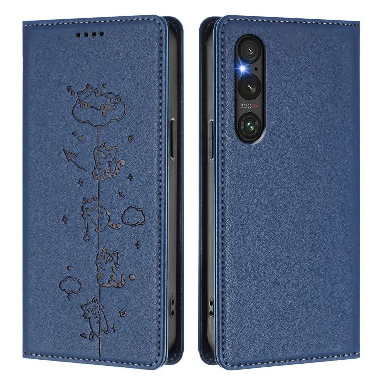 For Sony Xperia 1 V Cute Cats Embossed Magnetic RFID Vegan Leather Phone Case