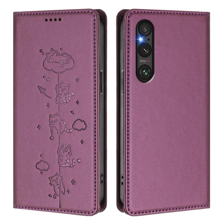 For Sony Xperia 1 V Cute Cats Embossed Magnetic RFID Vegan Leather Phone Case