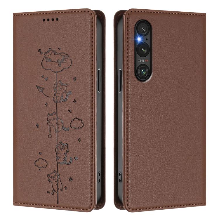 For Sony Xperia 1 V Cute Cats Embossed Magnetic RFID Vegan Leather Phone Case
