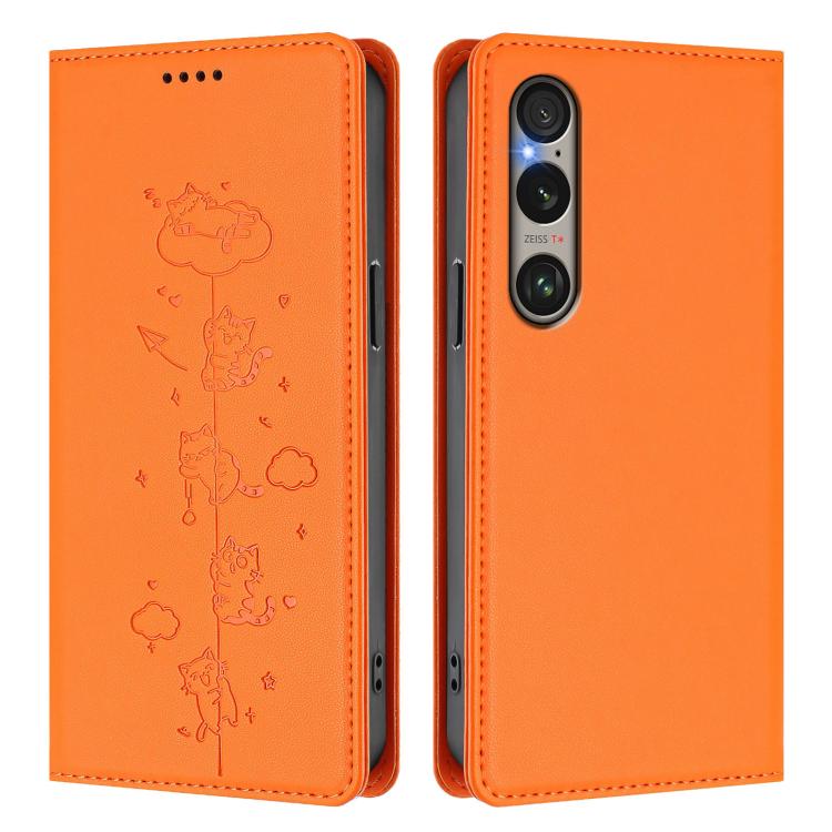 For Sony Xperia 1 VI Cute Cats Embossed Magnetic RFID Vegan Leather Phone Case
