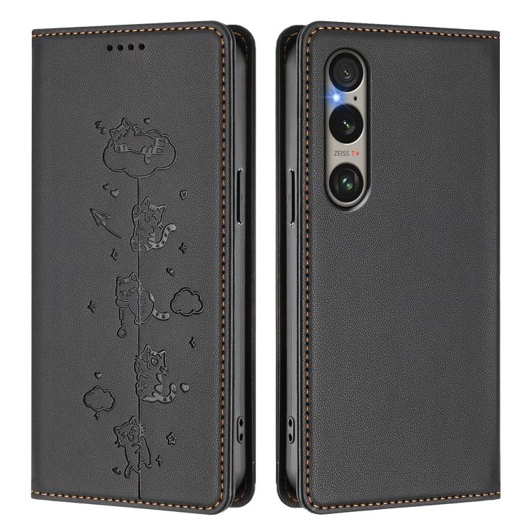 For Sony Xperia 1 VI Cute Cats Embossed Magnetic RFID Vegan Leather Phone Case