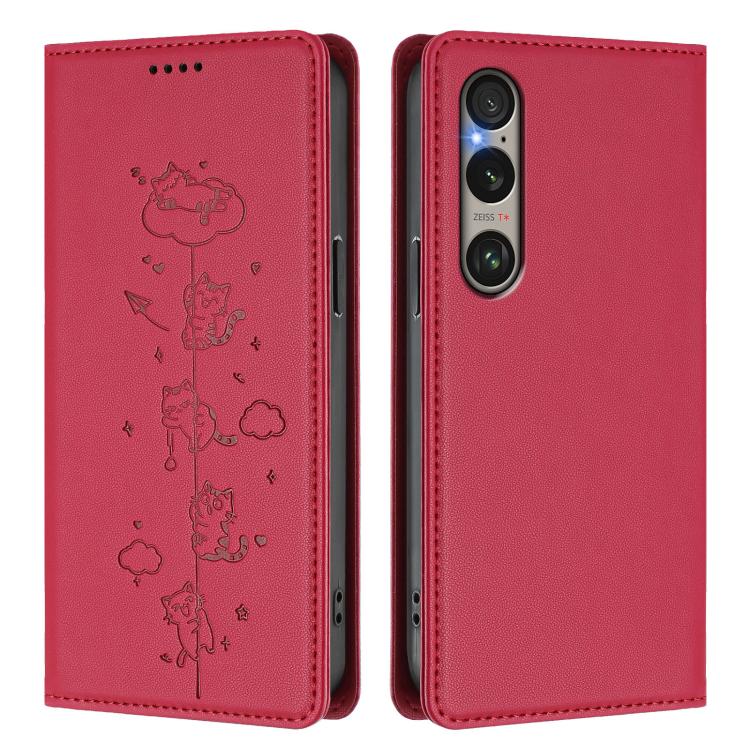 For Sony Xperia 1 VI Cute Cats Embossed Magnetic RFID Vegan Leather Phone Case