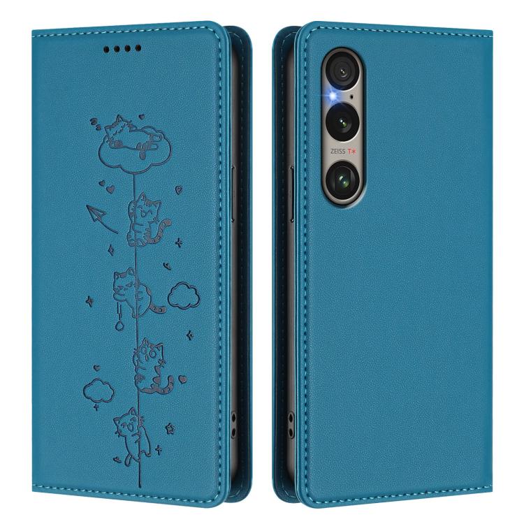 For Sony Xperia 1 VI Cute Cats Embossed Magnetic RFID Vegan Leather Phone Case