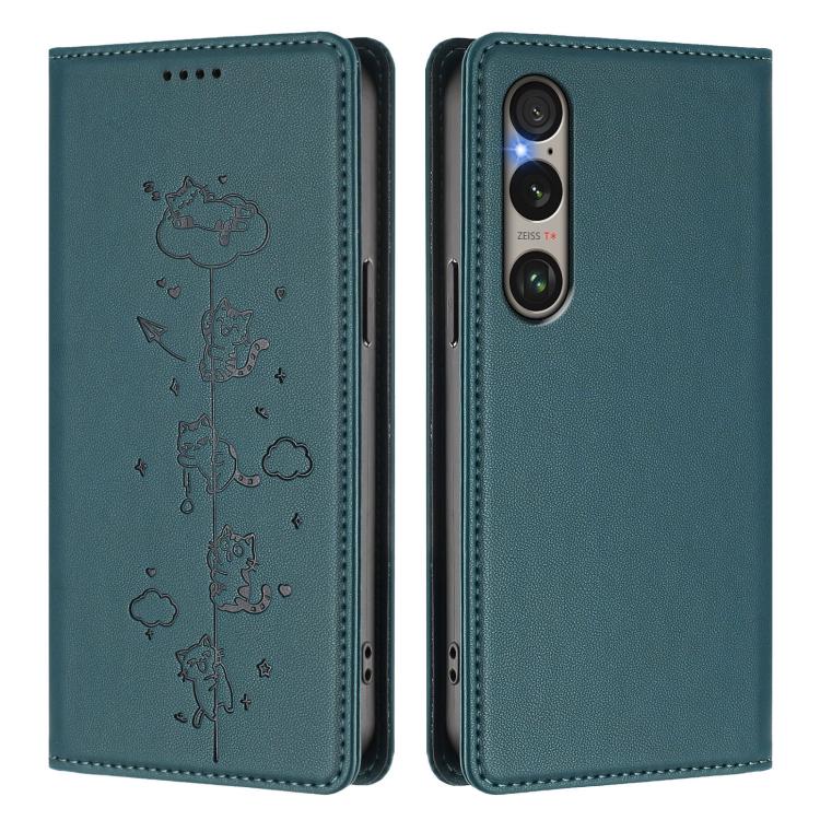 For Sony Xperia 1 VI Cute Cats Embossed Magnetic RFID Vegan Leather Phone Case