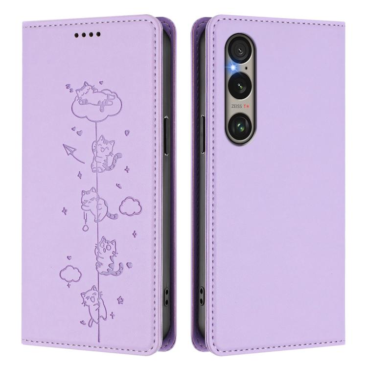 For Sony Xperia 1 VI Cute Cats Embossed Magnetic RFID Vegan Leather Phone Case