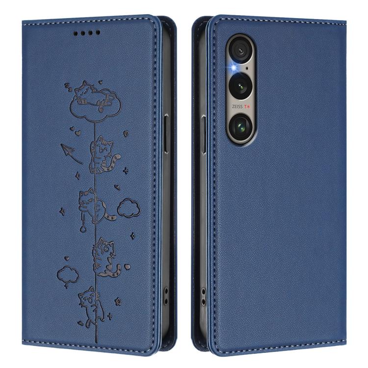 For Sony Xperia 1 VI Cute Cats Embossed Magnetic RFID Vegan Leather Phone Case