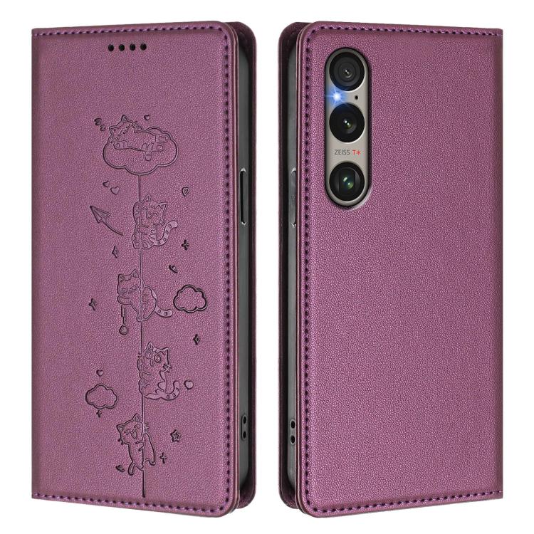For Sony Xperia 1 VI Cute Cats Embossed Magnetic RFID Vegan Leather Phone Case