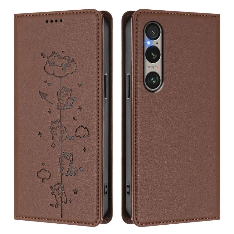 For Sony Xperia 1 VI Cute Cats Embossed Magnetic RFID Vegan Leather Phone Case