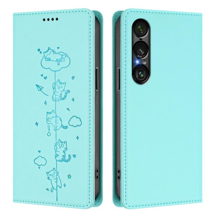 For Sony Xperia 1 VII Cute Cats Embossed Magnetic RFID Vegan Leather Phone Case