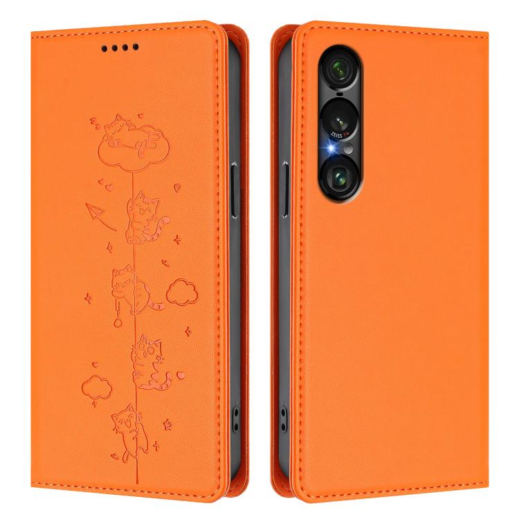 For Sony Xperia 1 VII Cute Cats Embossed Magnetic RFID Vegan Leather Phone Case