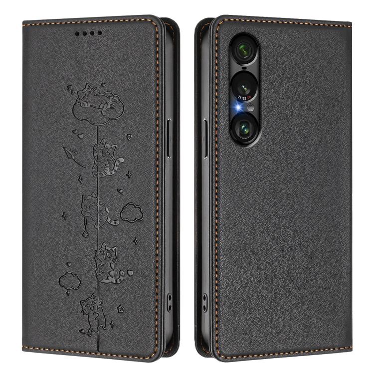 For Sony Xperia 1 VII Cute Cats Embossed Magnetic RFID Vegan Leather Phone Case