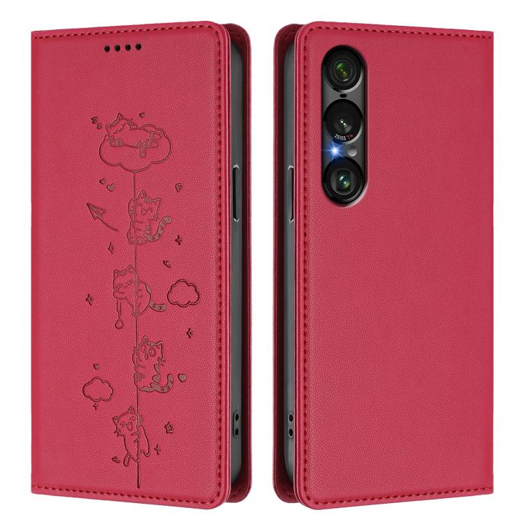 For Sony Xperia 1 VII Cute Cats Embossed Magnetic RFID Vegan Leather Phone Case