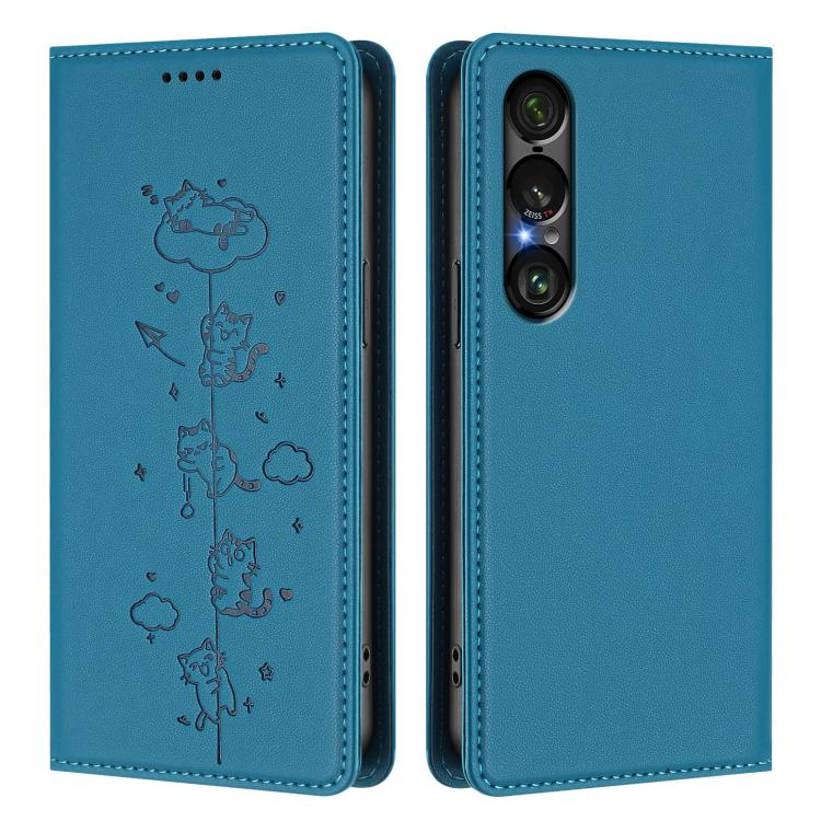 For Sony Xperia 1 VII Cute Cats Embossed Magnetic RFID Vegan Leather Phone Case