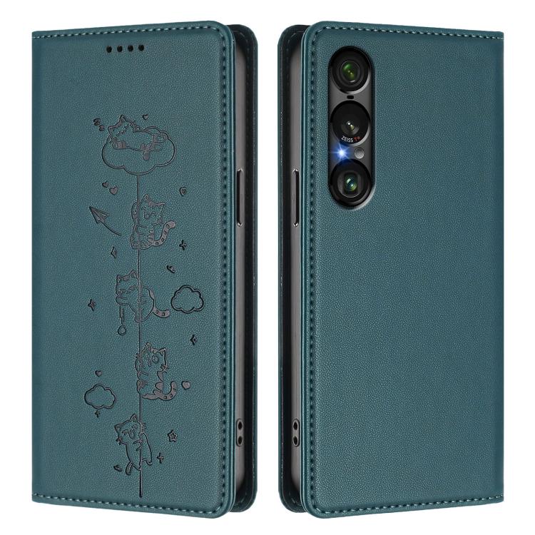 For Sony Xperia 1 VII Cute Cats Embossed Magnetic RFID Vegan Leather Phone Case