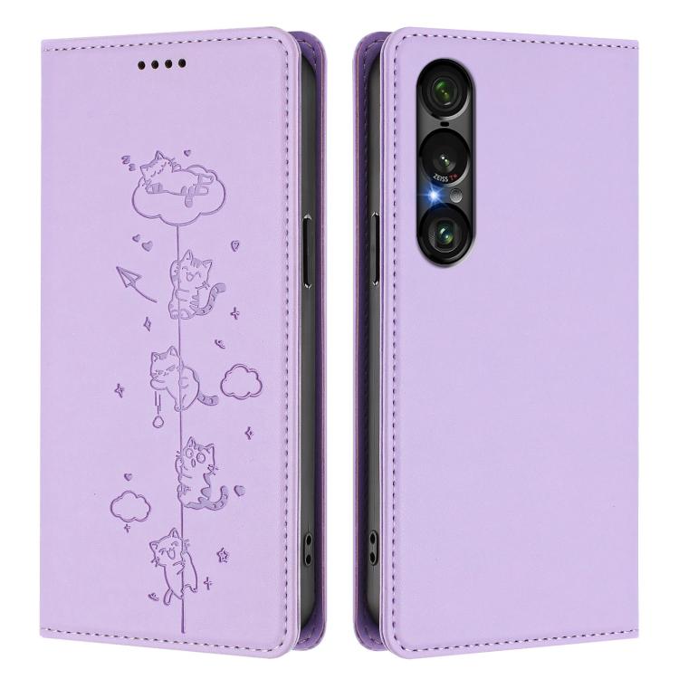 For Sony Xperia 1 VII Cute Cats Embossed Magnetic RFID Vegan Leather Phone Case