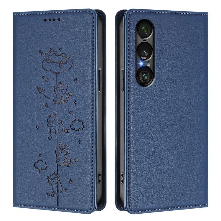 For Sony Xperia 1 VII Cute Cats Embossed Magnetic RFID Vegan Leather Phone Case