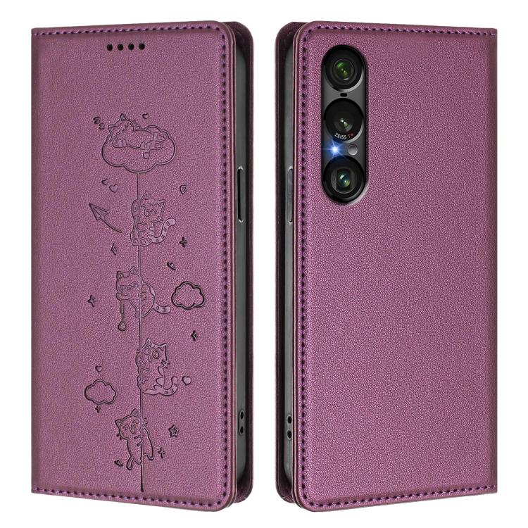 For Sony Xperia 1 VII Cute Cats Embossed Magnetic RFID Vegan Leather Phone Case