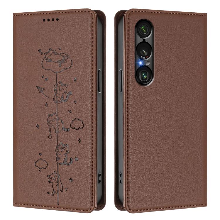 For Sony Xperia 1 VII Cute Cats Embossed Magnetic RFID Vegan Leather Phone Case