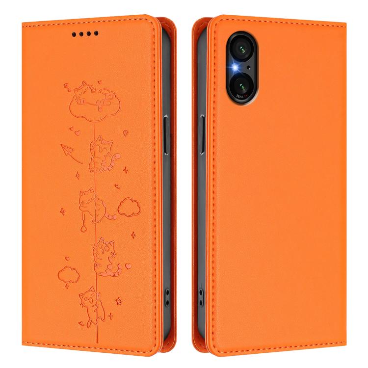 For Sony Xperia 5 V Cute Cats Embossed Magnetic RFID Vegan Leather Phone Case