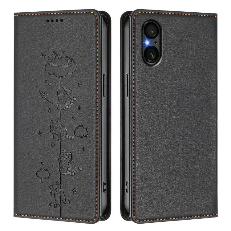 For Sony Xperia 5 V Cute Cats Embossed Magnetic RFID Vegan Leather Phone Case
