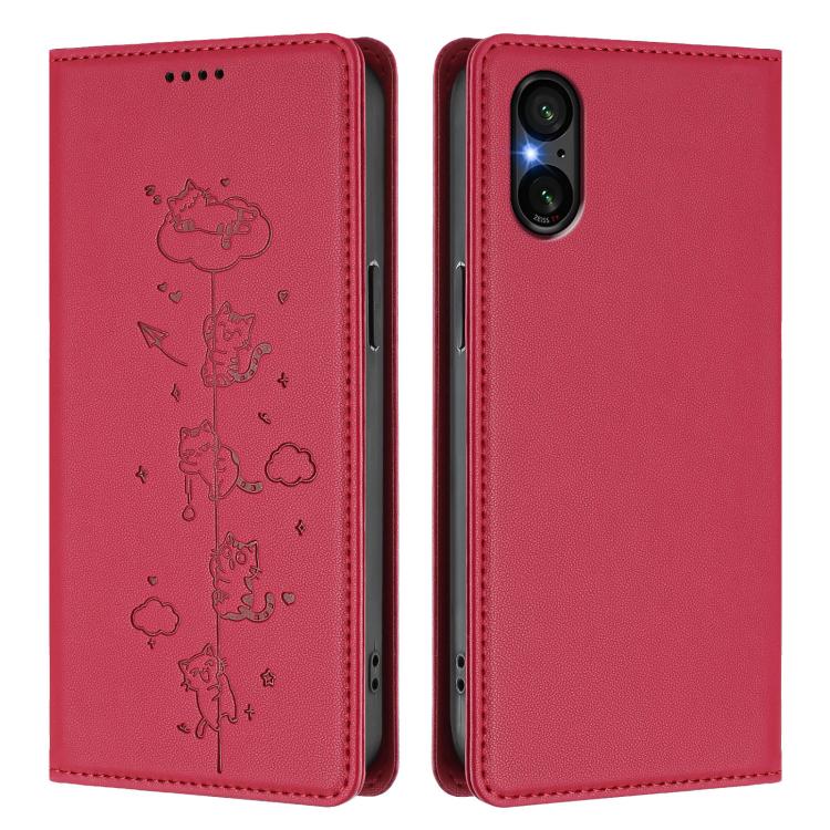 For Sony Xperia 5 V Cute Cats Embossed Magnetic RFID Vegan Leather Phone Case