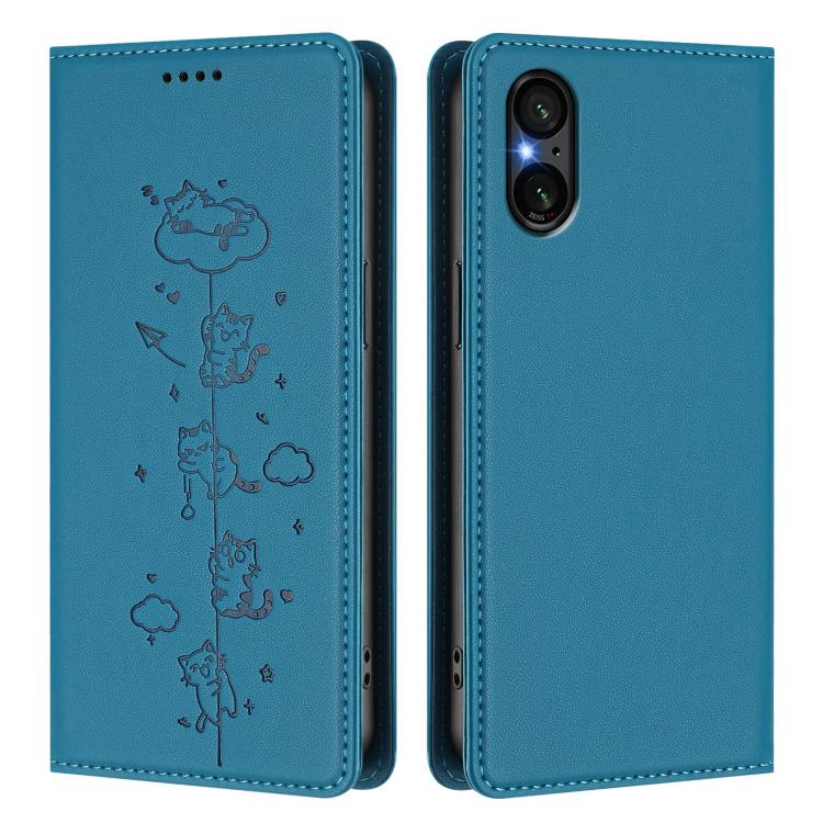 For Sony Xperia 5 V Cute Cats Embossed Magnetic RFID Vegan Leather Phone Case