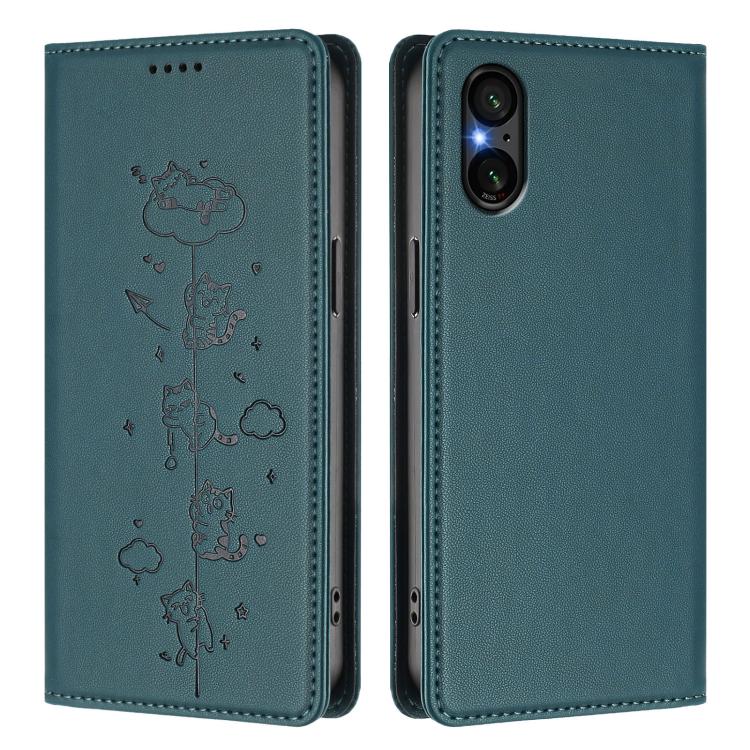 For Sony Xperia 5 V Cute Cats Embossed Magnetic RFID Vegan Leather Phone Case