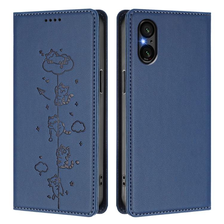 For Sony Xperia 5 V Cute Cats Embossed Magnetic RFID Vegan Leather Phone Case