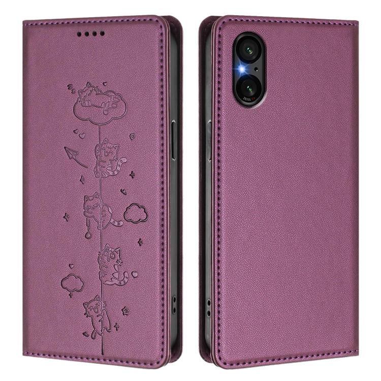 For Sony Xperia 5 V Cute Cats Embossed Magnetic RFID Vegan Leather Phone Case
