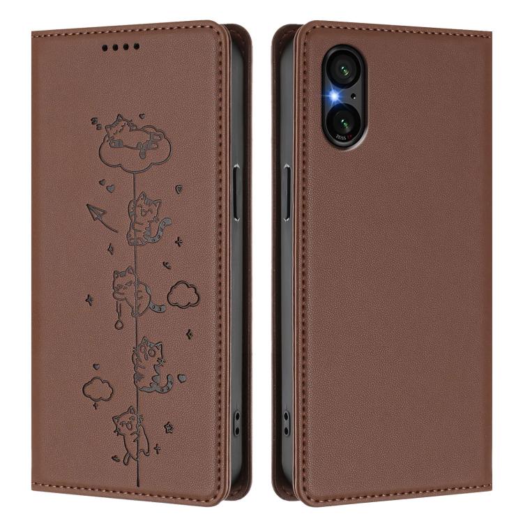 For Sony Xperia 5 V Cute Cats Embossed Magnetic RFID Vegan Leather Phone Case