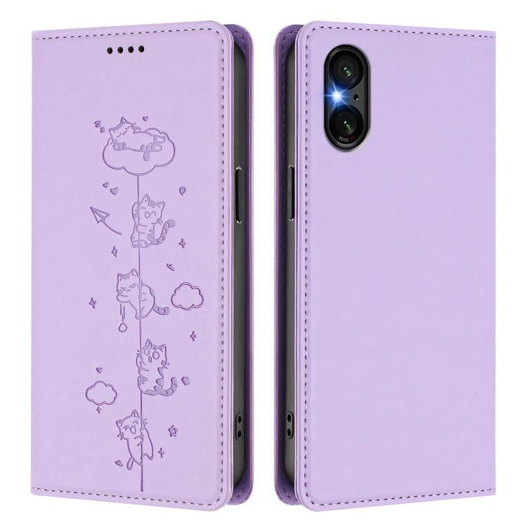 For Sony Xperia 5 VI Cute Cats Embossed Magnetic RFID Vegan Leather Phone Case
