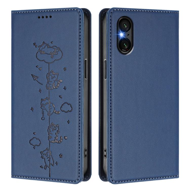 For Sony Xperia 5 VI Cute Cats Embossed Magnetic RFID Vegan Leather Phone Case