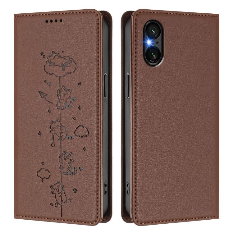 For Sony Xperia 5 VI Cute Cats Embossed Magnetic RFID Vegan Leather Phone Case