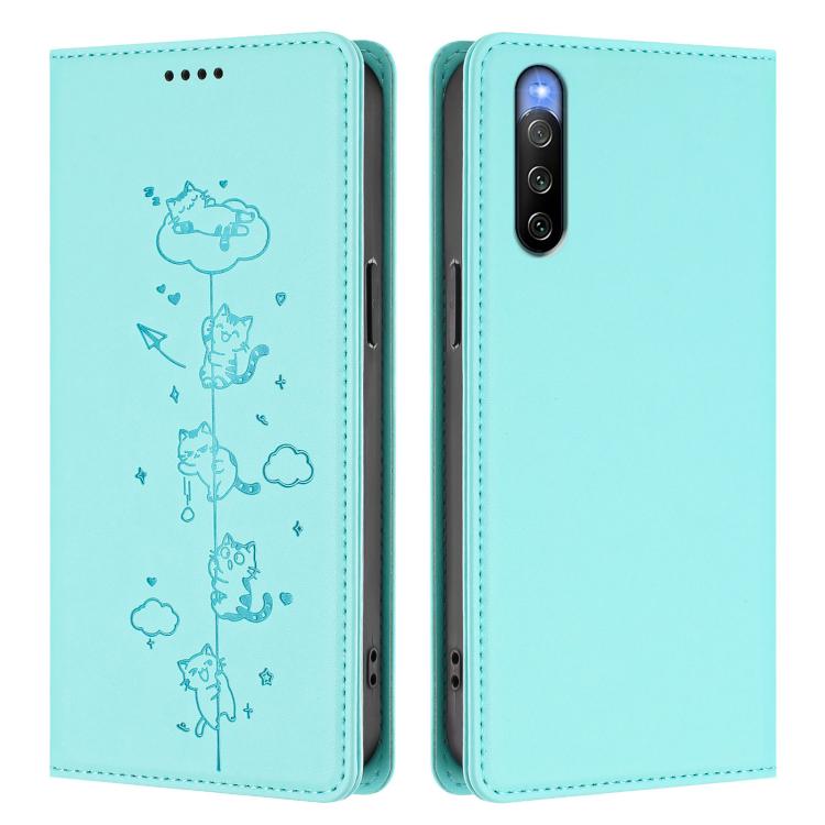 For Sony Xperia 10 V Cute Cats Embossed Magnetic RFID Vegan Leather Phone Case