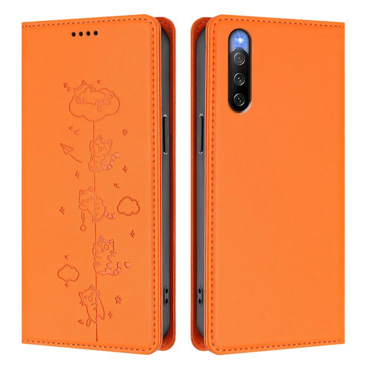 For Sony Xperia 10 V Cute Cats Embossed Magnetic RFID Vegan Leather Phone Case