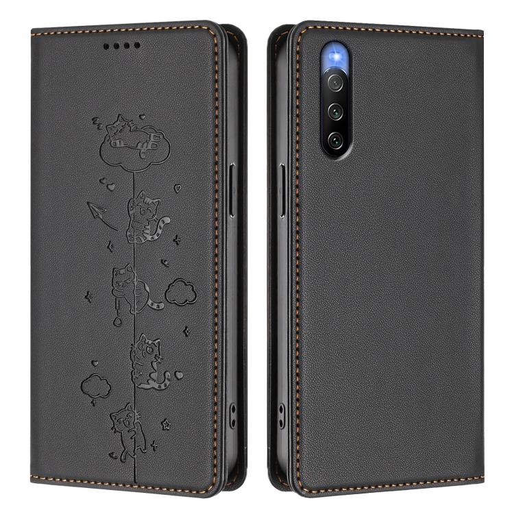 For Sony Xperia 10 V Cute Cats Embossed Magnetic RFID Vegan Leather Phone Case