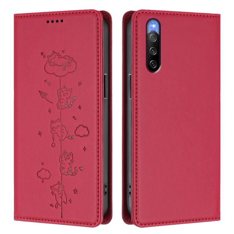 For Sony Xperia 10 V Cute Cats Embossed Magnetic RFID Vegan Leather Phone Case