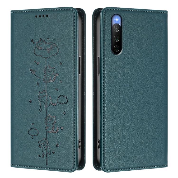 For Sony Xperia 10 V Cute Cats Embossed Magnetic RFID Vegan Leather Phone Case