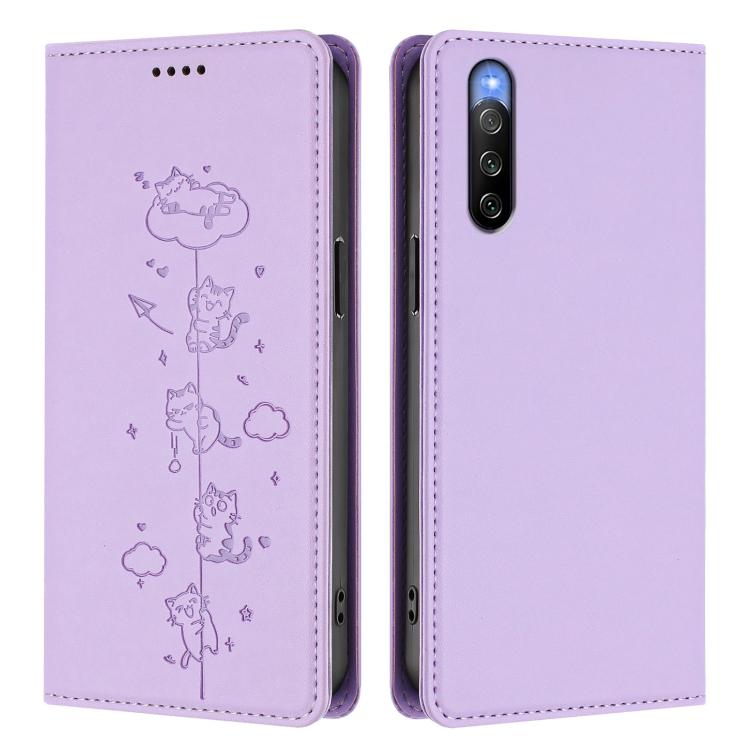 For Sony Xperia 10 V Cute Cats Embossed Magnetic RFID Vegan Leather Phone Case