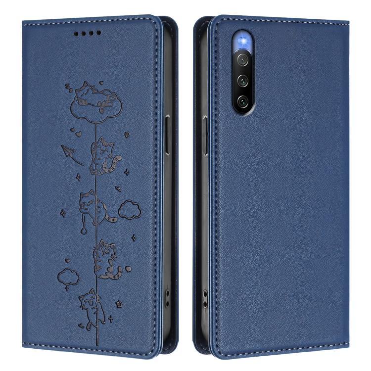 For Sony Xperia 10 V Cute Cats Embossed Magnetic RFID Vegan Leather Phone Case