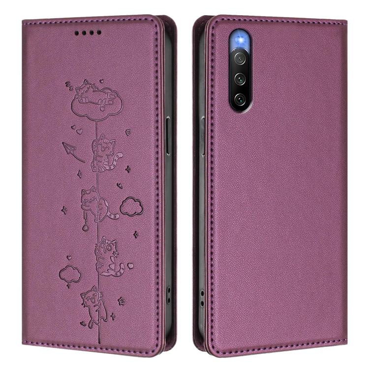 For Sony Xperia 10 V Cute Cats Embossed Magnetic RFID Vegan Leather Phone Case