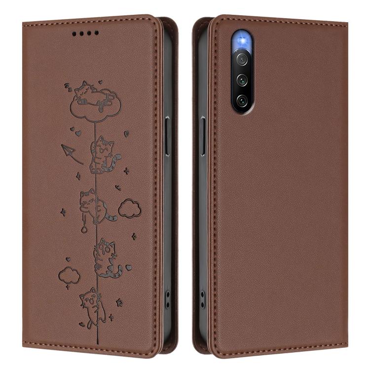 For Sony Xperia 10 V Cute Cats Embossed Magnetic RFID Vegan Leather Phone Case
