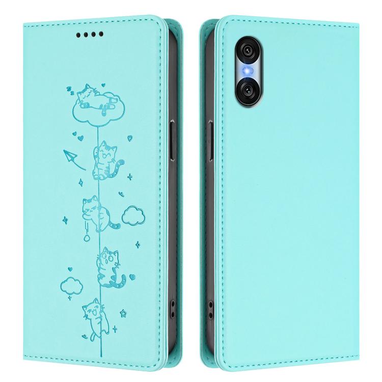 For Sony Xperia 10 VI Cute Cats Embossed Magnetic RFID Vegan Leather Phone Case