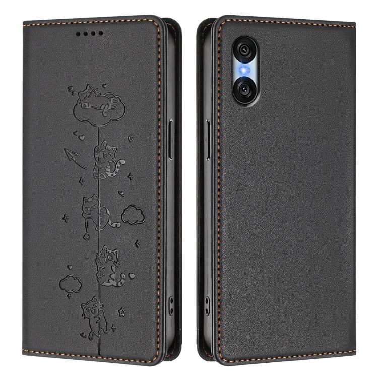 For Sony Xperia 10 VI Cute Cats Embossed Magnetic RFID Vegan Leather Phone Case
