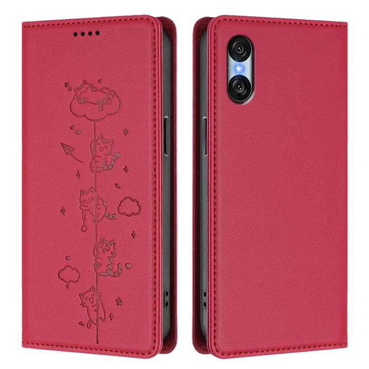 For Sony Xperia 10 VI Cute Cats Embossed Magnetic RFID Vegan Leather Phone Case