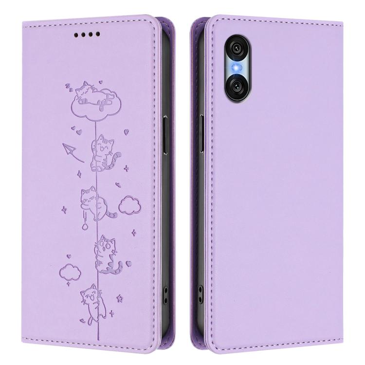 For Sony Xperia 10 VI Cute Cats Embossed Magnetic RFID Vegan Leather Phone Case