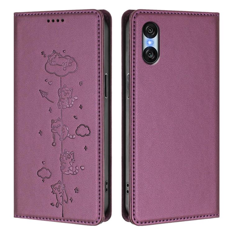 For Sony Xperia 10 VI Cute Cats Embossed Magnetic RFID Vegan Leather Phone Case